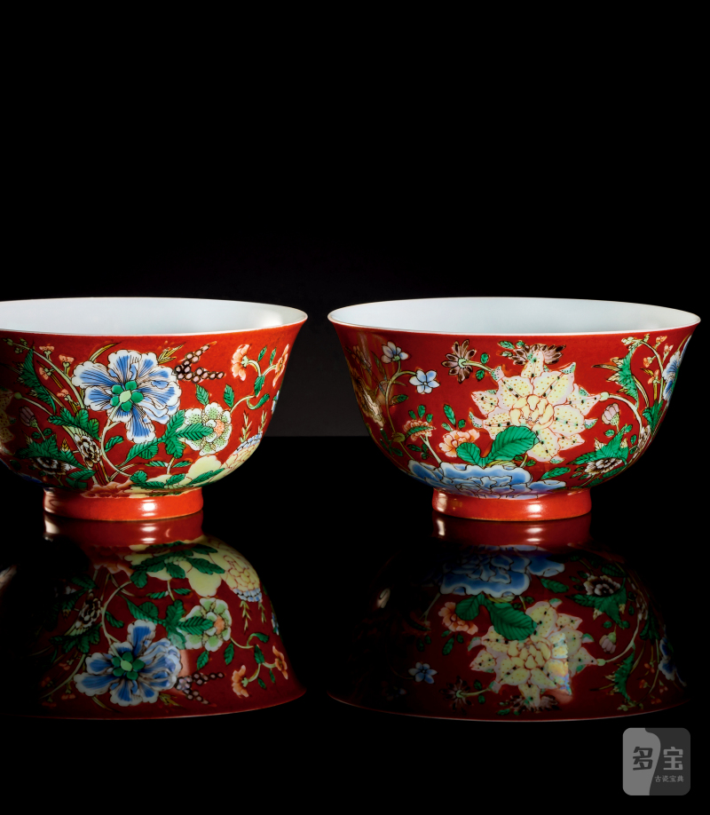 清康熙 御制磁胎画珐琅红地洋彩九秋同庆图碗一对 - 图15